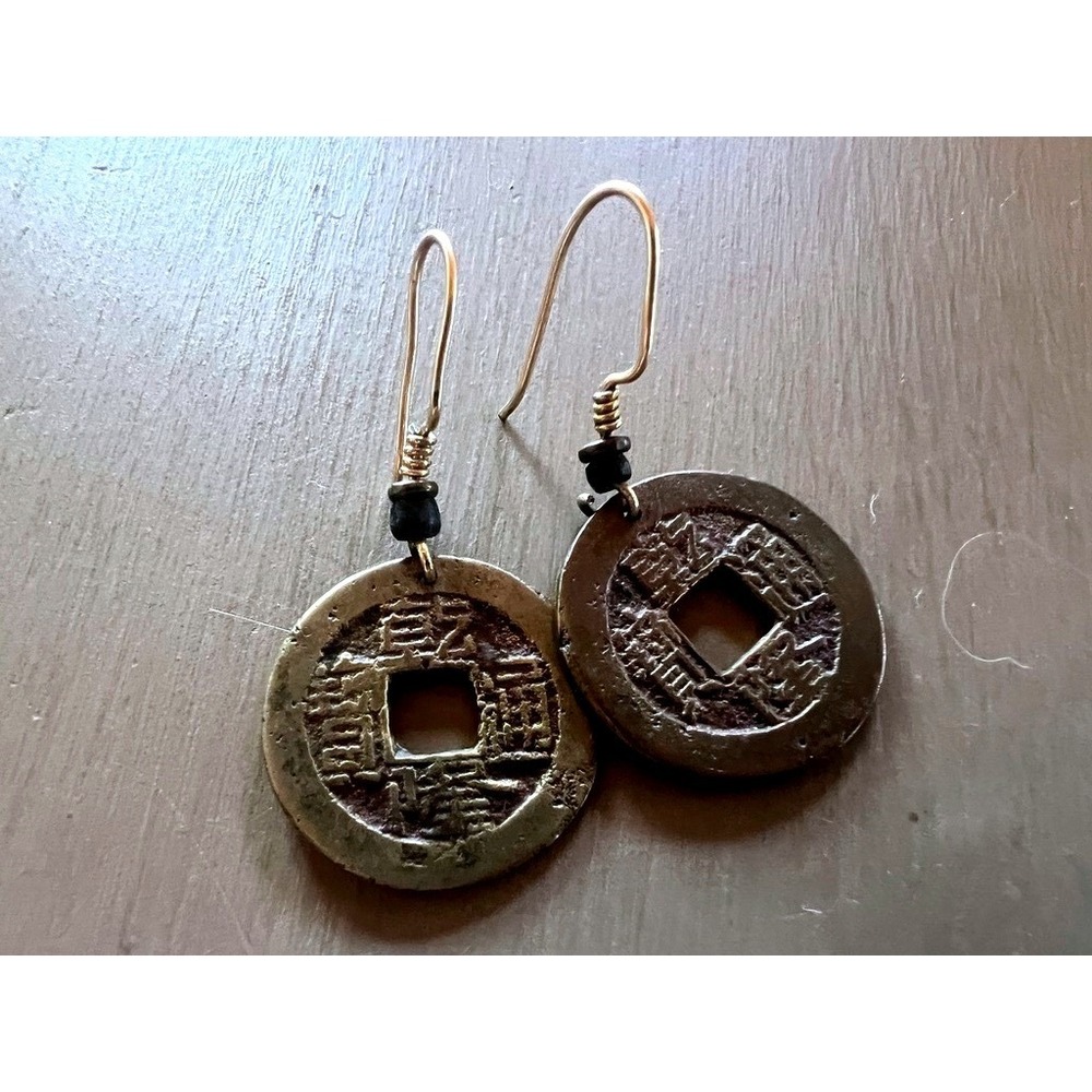 Chinese Coin Dangle Earrings Gold Antiqued Brass Asian Boho Good Luck Feng Shui